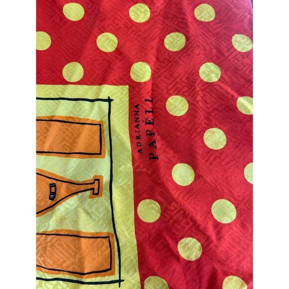 Adrianna Papell- Vtg Silky Vibrant Square Scarf- Orange Red Dots Wine 34x34" - Picture 4 of 5